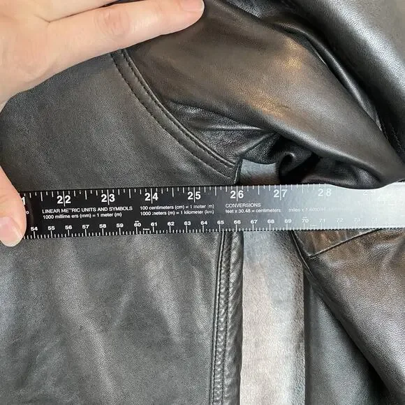 Vtg Men's sz L Banana Republic Black Leather Matrix Long Leather Coat Button-Up